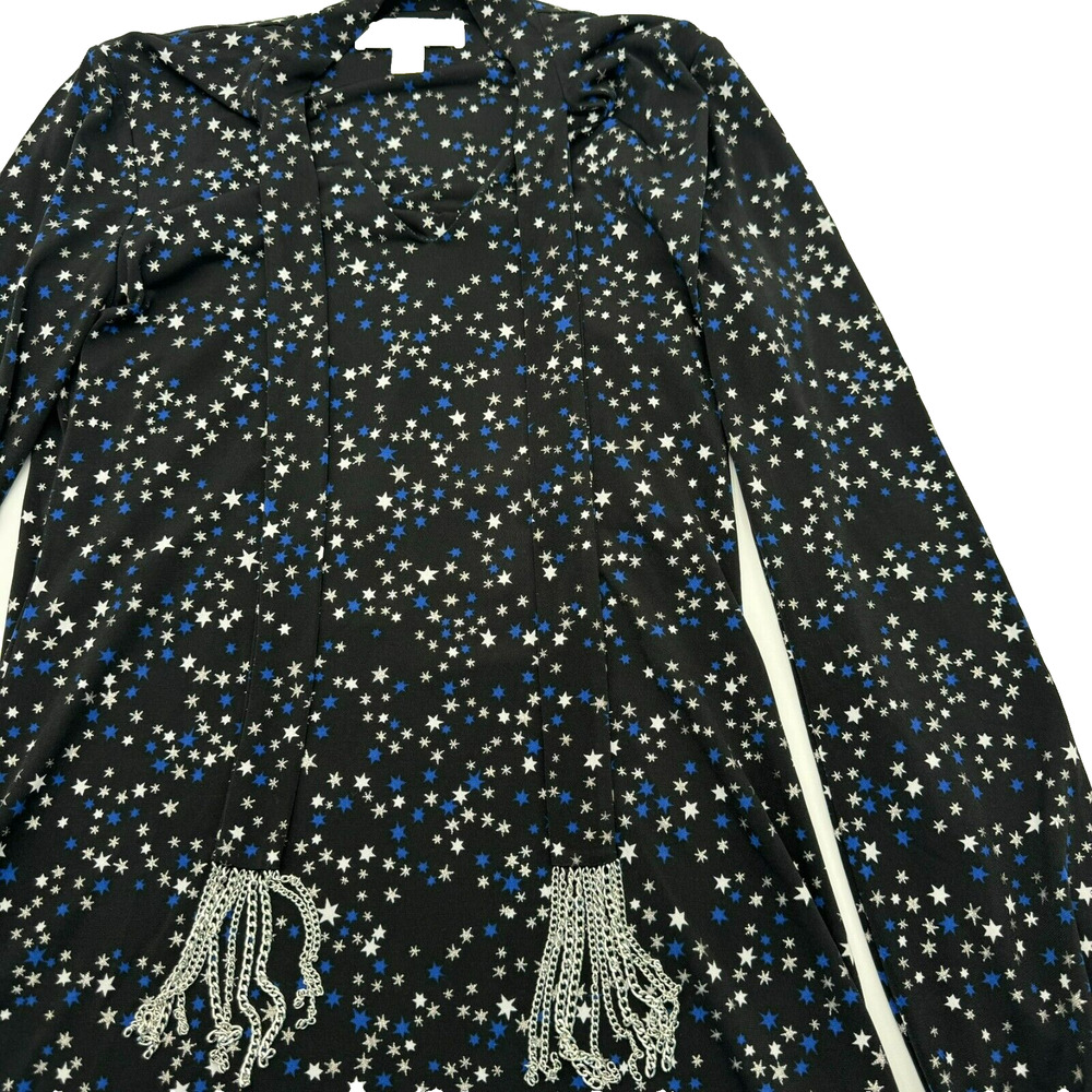 Michael Kors XS Designer Dress Long Sleeves Black blue silver stars chain scarf